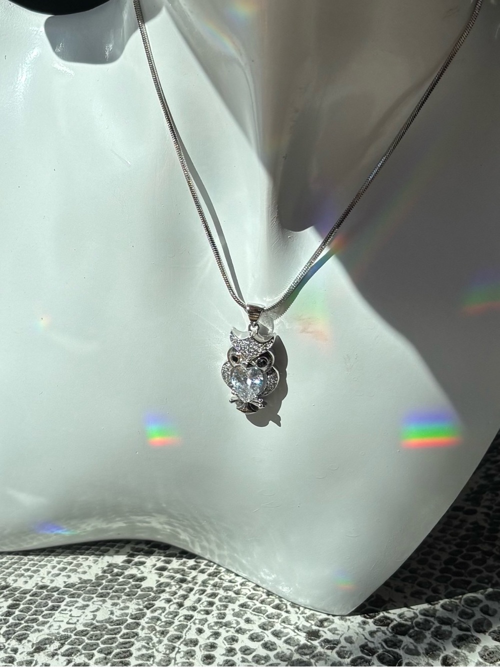 Zirconia Owl Pendant Necklace on Chain marked 18kgp, womens jewelry party piece